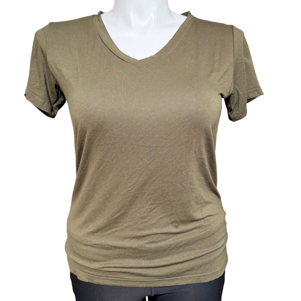 Womens Classic T Shirt Top Pullover V Neck Soft Stretchy Green Olive Medium